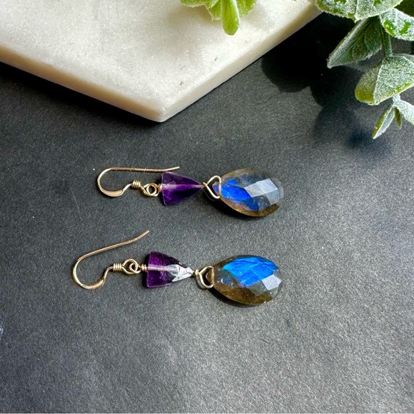 Labradorite and Amethyst Earrings lever back 14k Gold Filled - Picture 4 of 6
